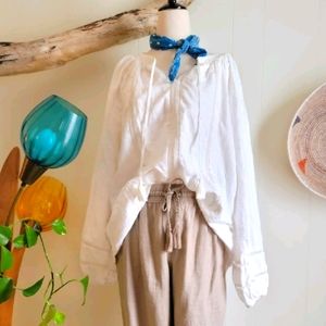 White linen blend peasant blouse